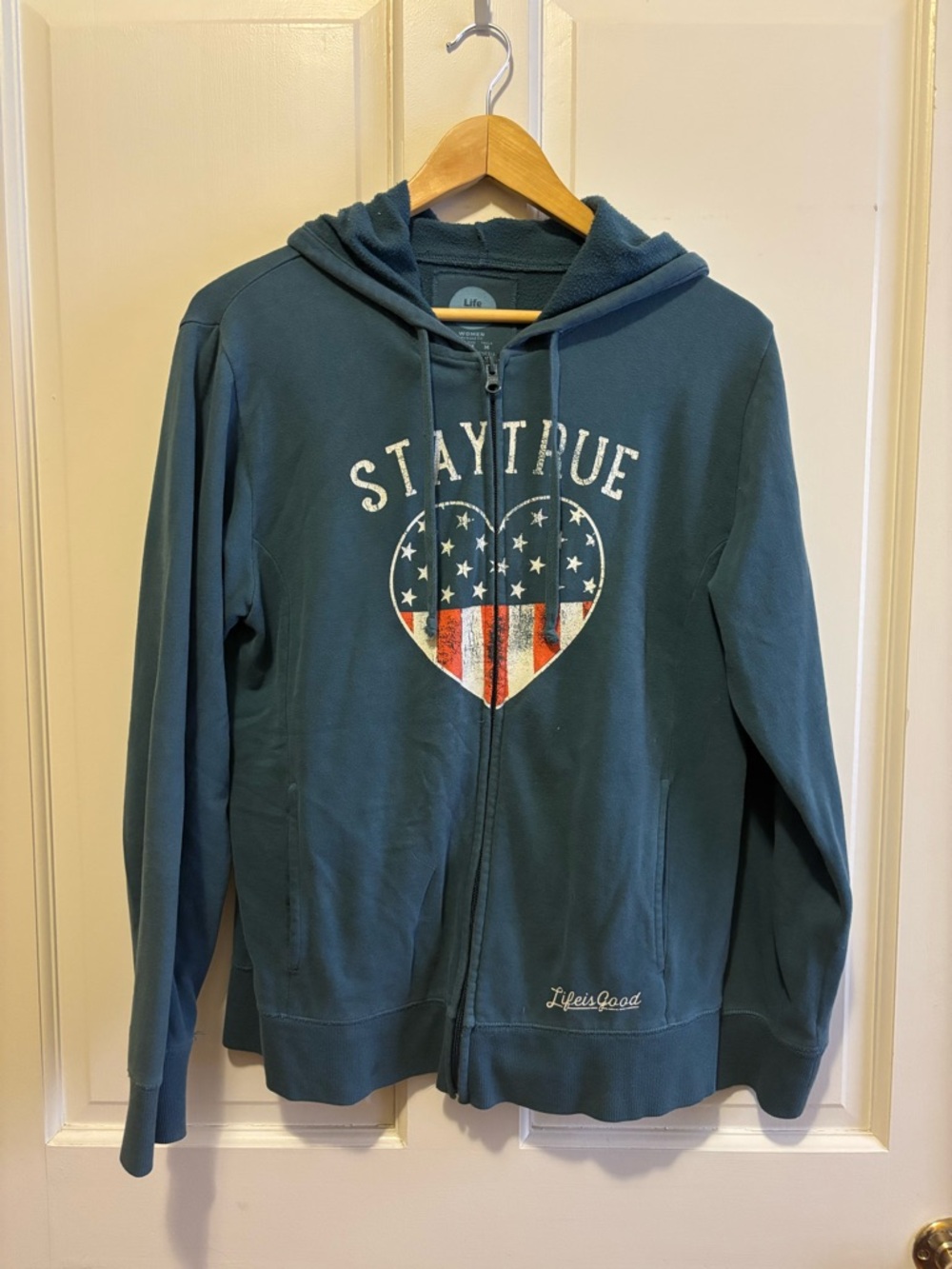 Life Is Good Blue Zip Hoodie with Red, White & Blue Heart. Medium.